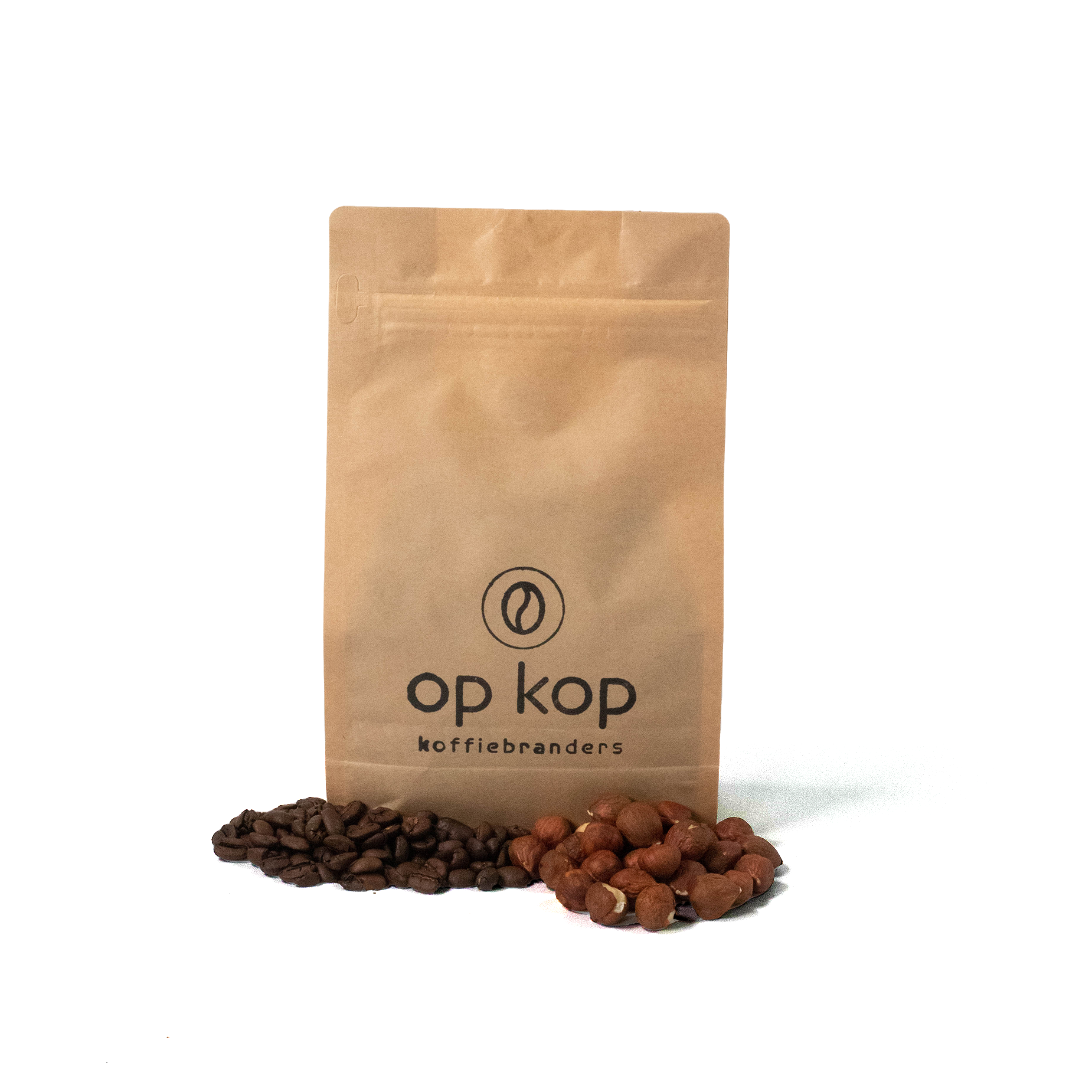 Zak - koffiebonen - Hazelnoten half afgesneden